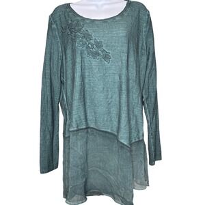 Soft Surroundings Womens Teal Green Long Sleeve Tunic Top Size XL Boho Flowy